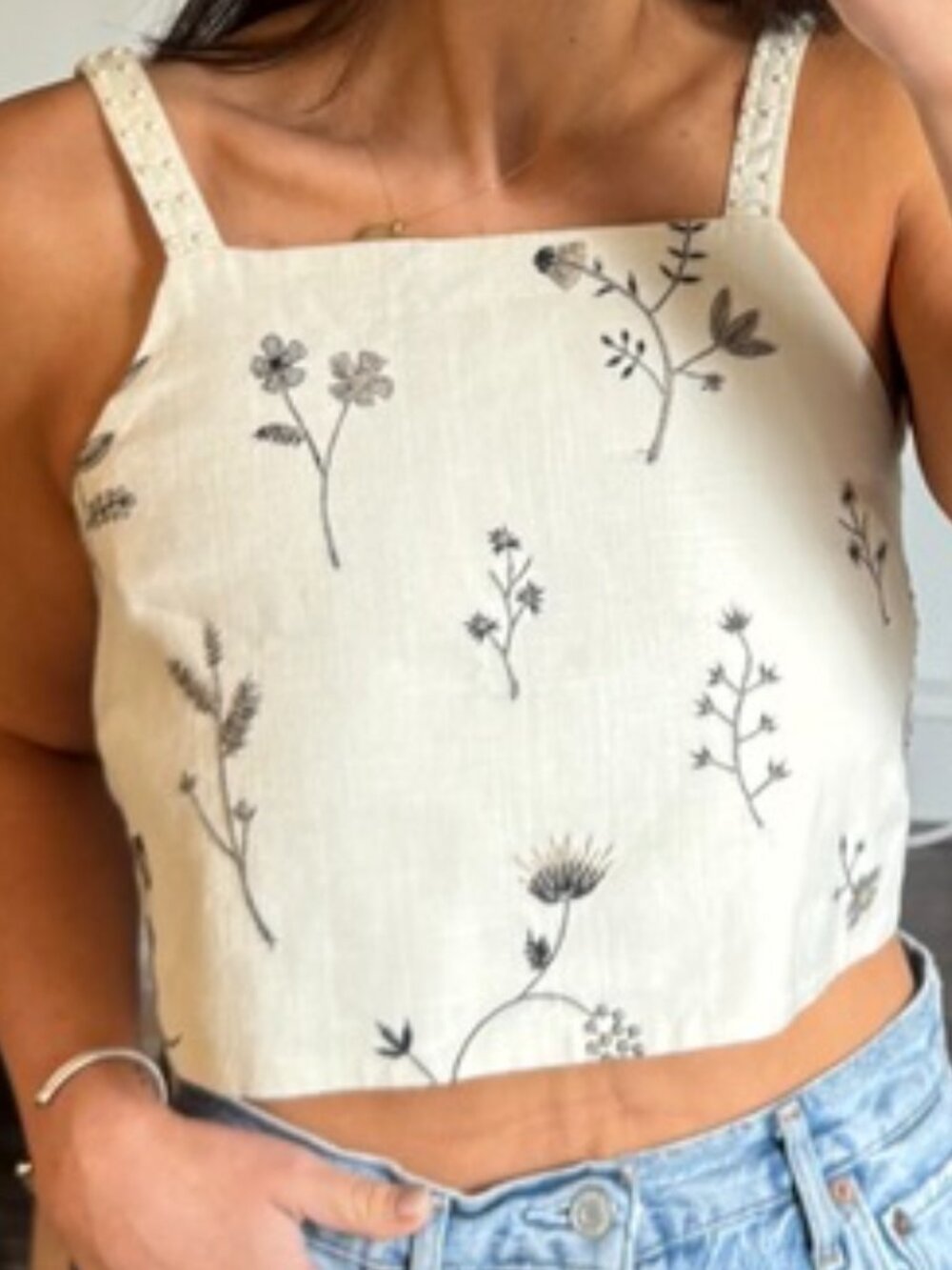 ZARA Floral Embroidered Pearl Strap Tie Back Crop Top - Size Medium